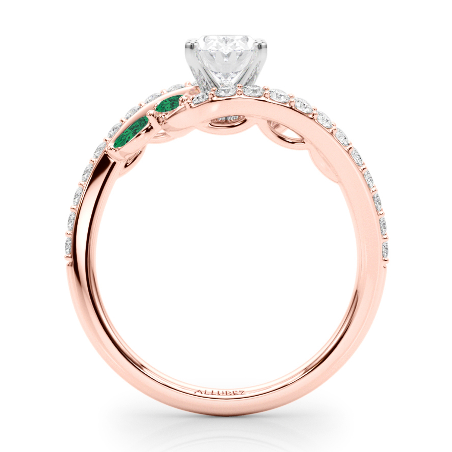Swirl Design Diamond & Marquise Emerald Engagement Ring 14K Rose Gold (0.63ct)